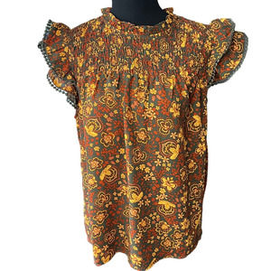 Nanette Lepore Blouse Size L Neutral Floral Print Ruffle Sleeve Career Wear